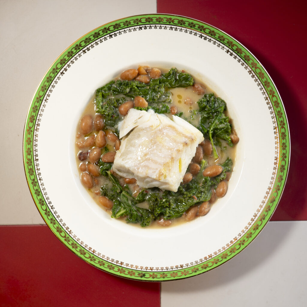 Baked Cod with Borlotti Beans, Mustard, Kale