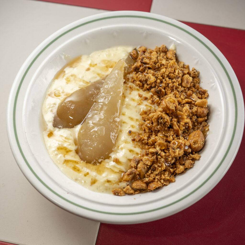 Rice Pudding, Poached Pear, Hazelnut